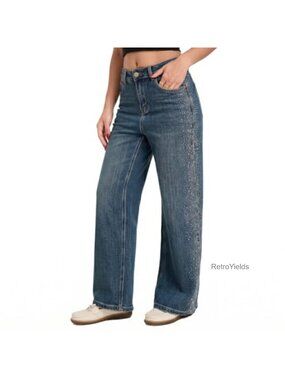 High Waist Wide Leg Jeans Rhinestone Embellished Straight Leg Denim Pants